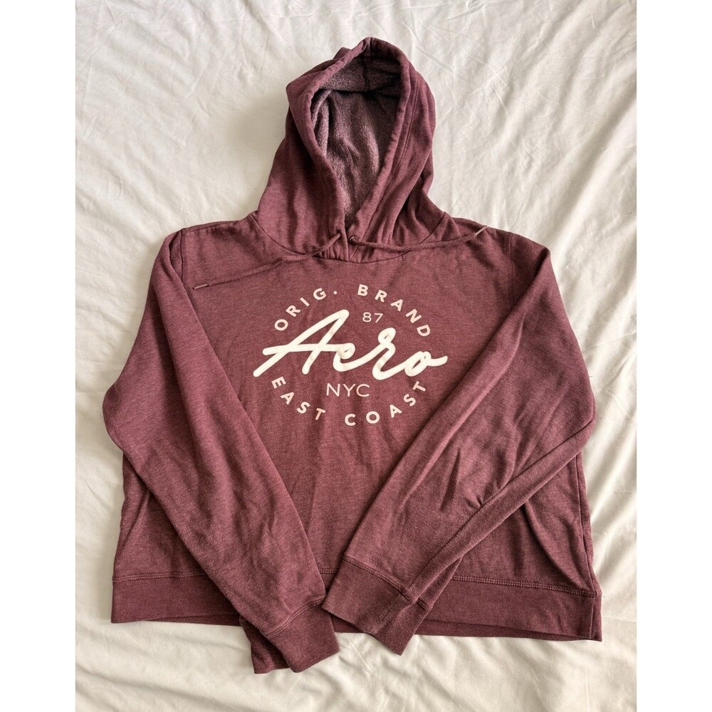 Aéropostale Aero Burgundy Fleece Pullover Baggie Crop Hoodie Womens XL NYC Logo